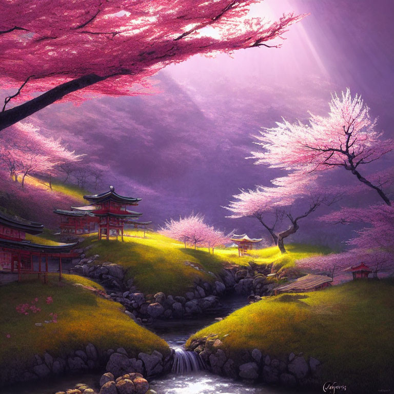 Tranquil Cherry Blossom Landscape with Stream and Traditional Buildings