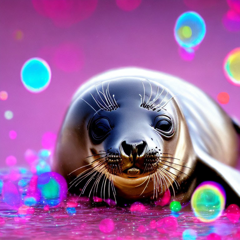 Shiny Fur Seal Surrounded by Colorful Bubbles on Pink Background