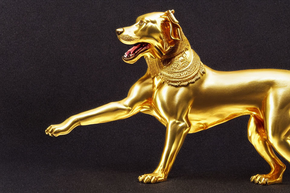 Golden Dog Statue in Pointing Pose with Detailed Collar on Dark Background