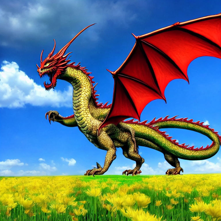 Red-winged dragon in field of yellow flowers under blue sky