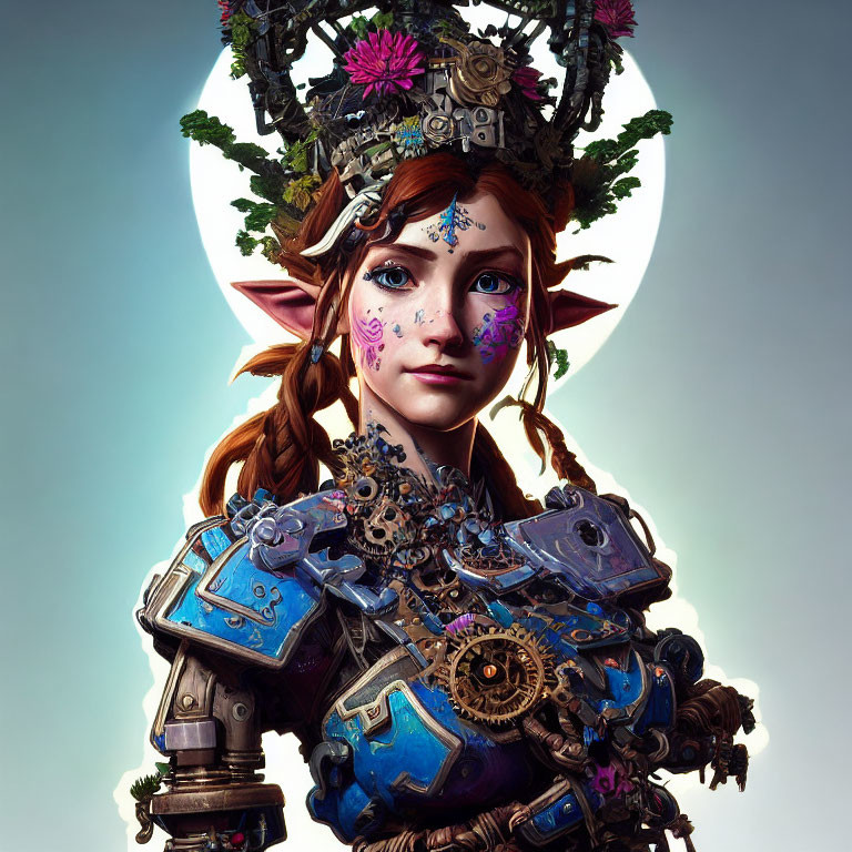 Fantasy female character with elf-like ears in blue armor and gear headdress on moon backdrop