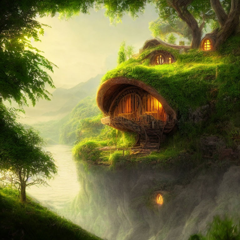 Serene sunset forest landscape with whimsical hobbit-style houses by the river