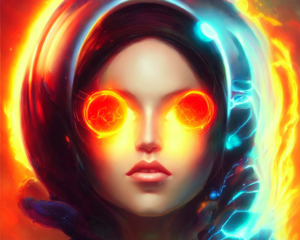 Futuristic illustration of a woman with glowing orange eyes and fiery icy elements