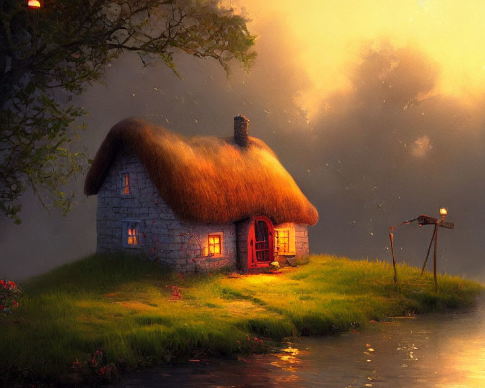 Thatched-Roof Cottage by Tranquil River at Dusk