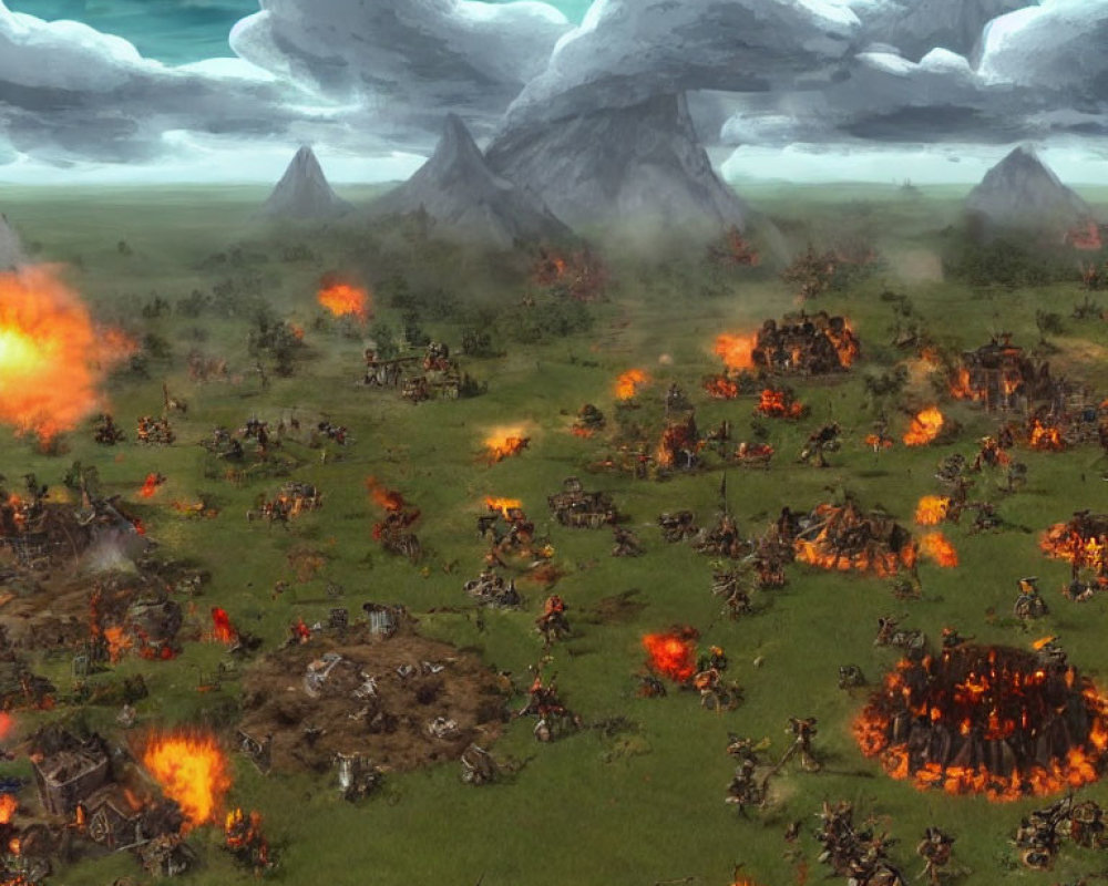 Fantasy battlefield with burning structures, troops, mountains in stormy sky