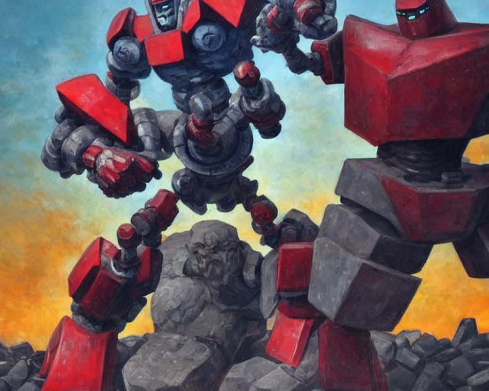 Red and Grey Robots in Dynamic Pose on Rocky Debris Under Cloudy Sky