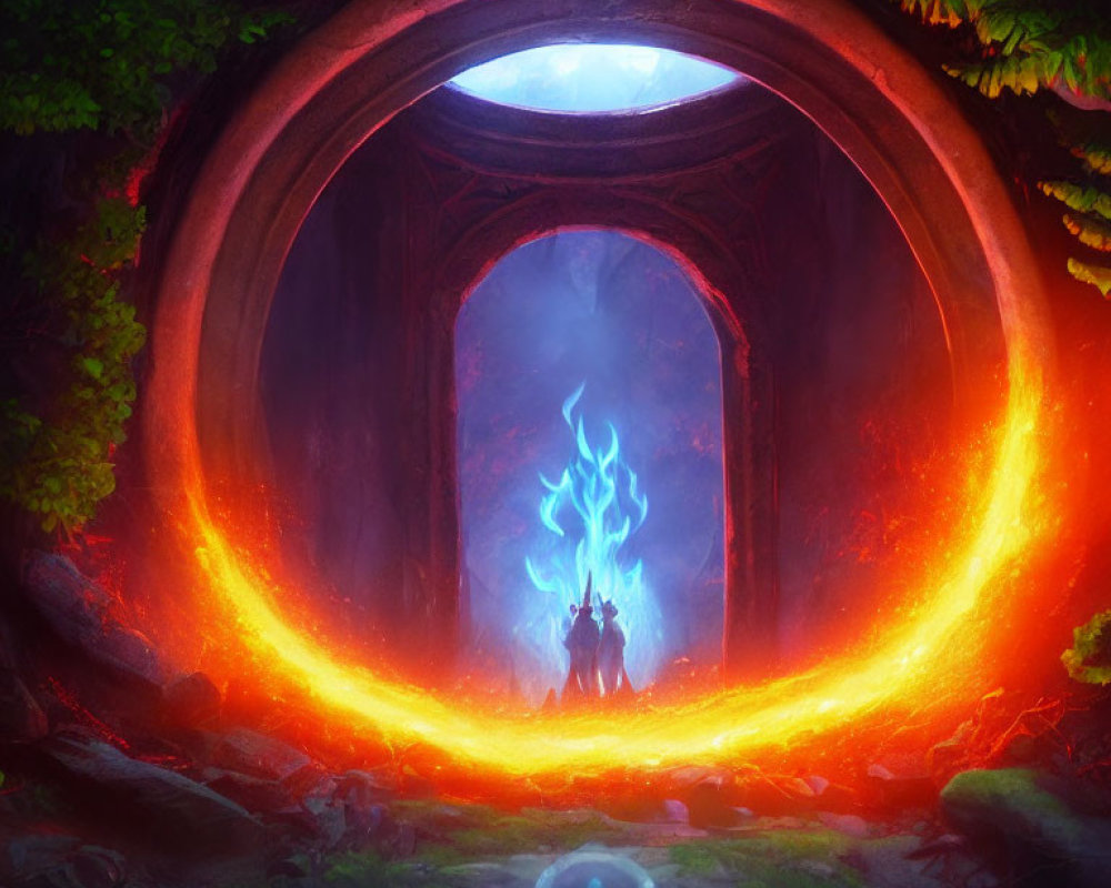 Mystical forest portal with fiery orange outline and blue flames