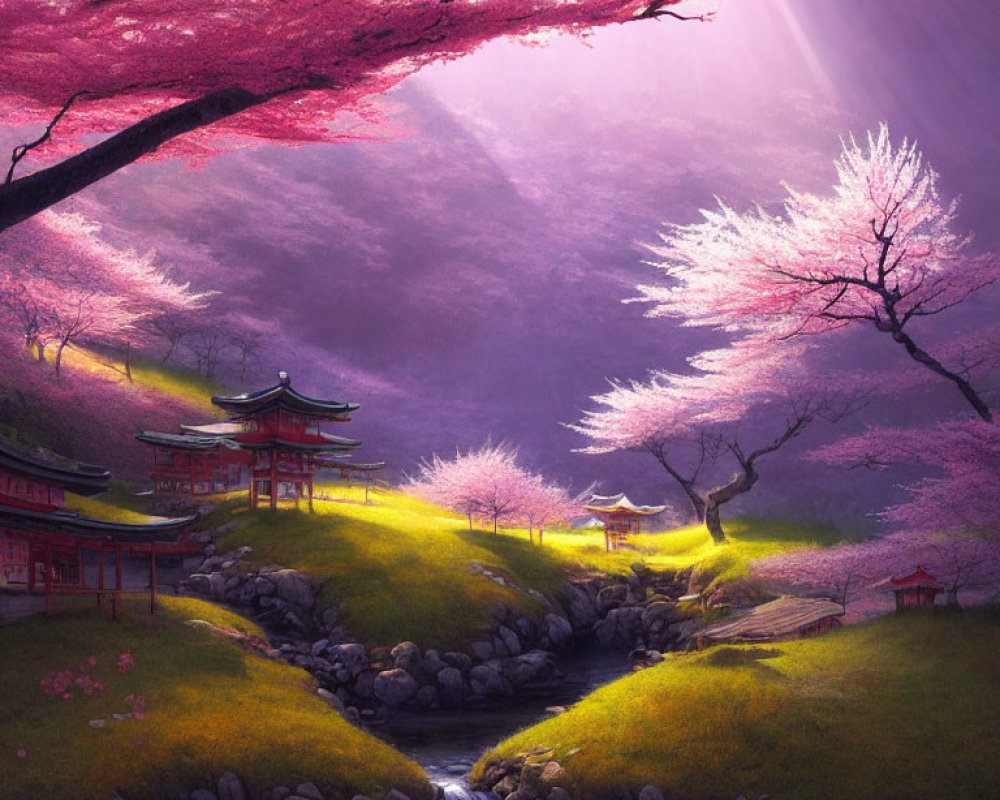 Tranquil Cherry Blossom Landscape with Stream and Traditional Buildings