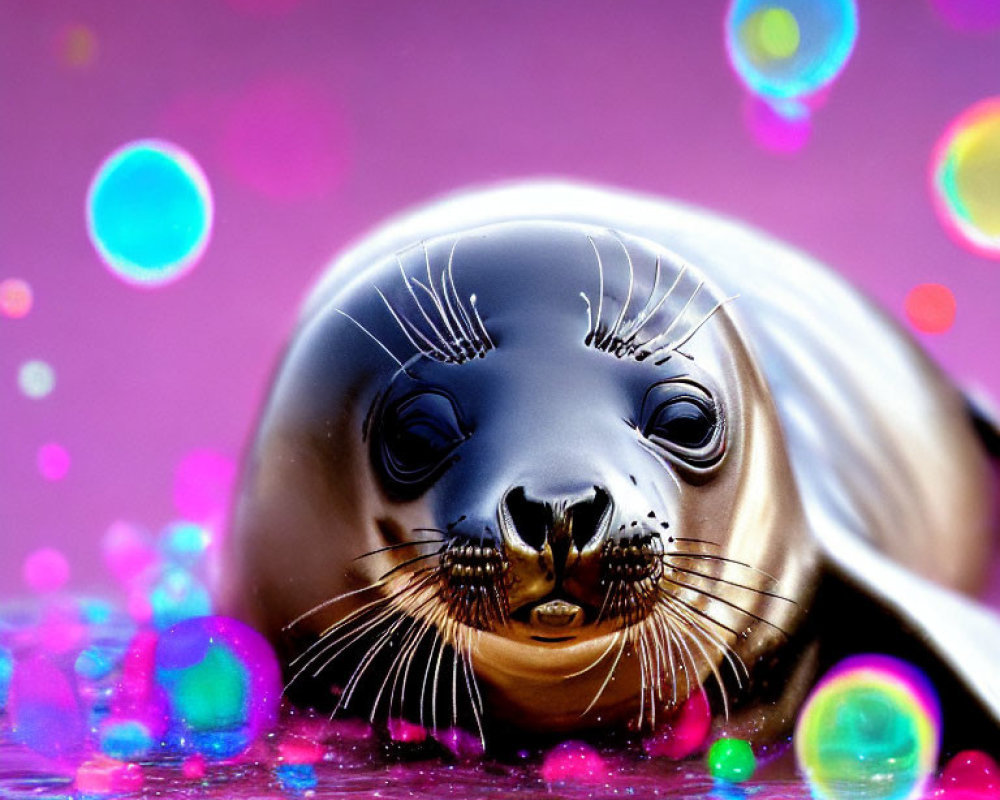 Shiny Fur Seal Surrounded by Colorful Bubbles on Pink Background