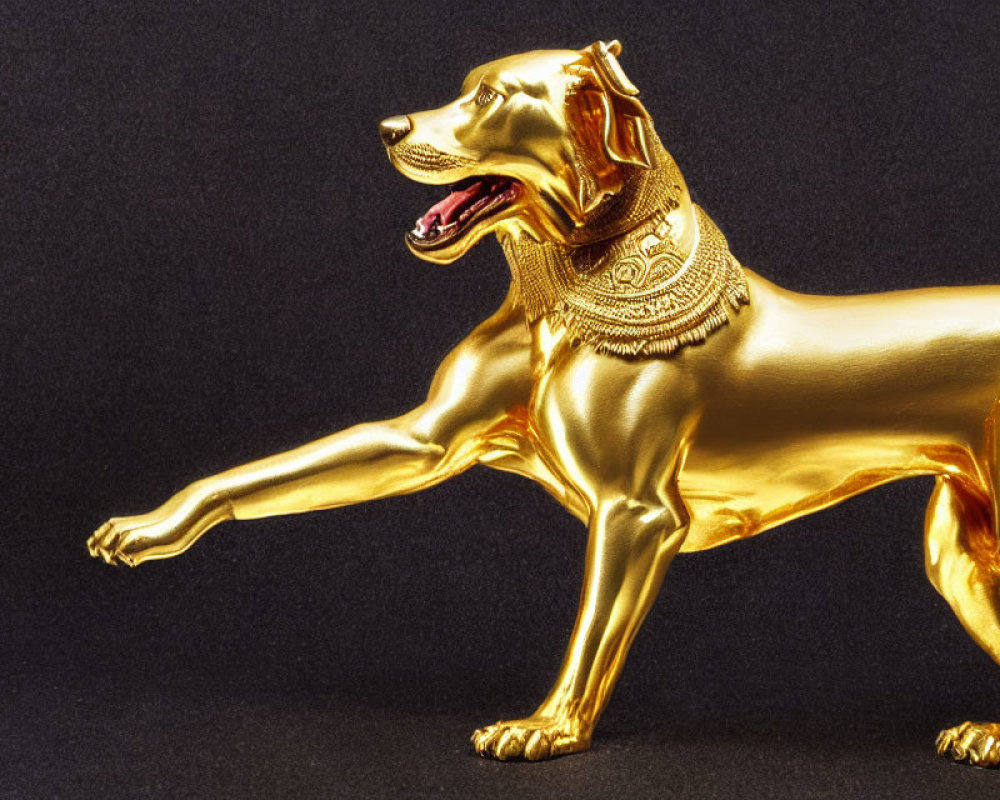 Golden Dog Statue in Pointing Pose with Detailed Collar on Dark Background