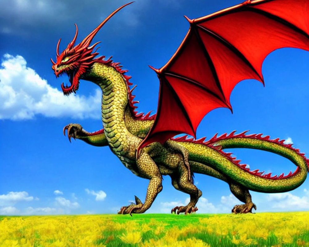 Red-winged dragon in field of yellow flowers under blue sky