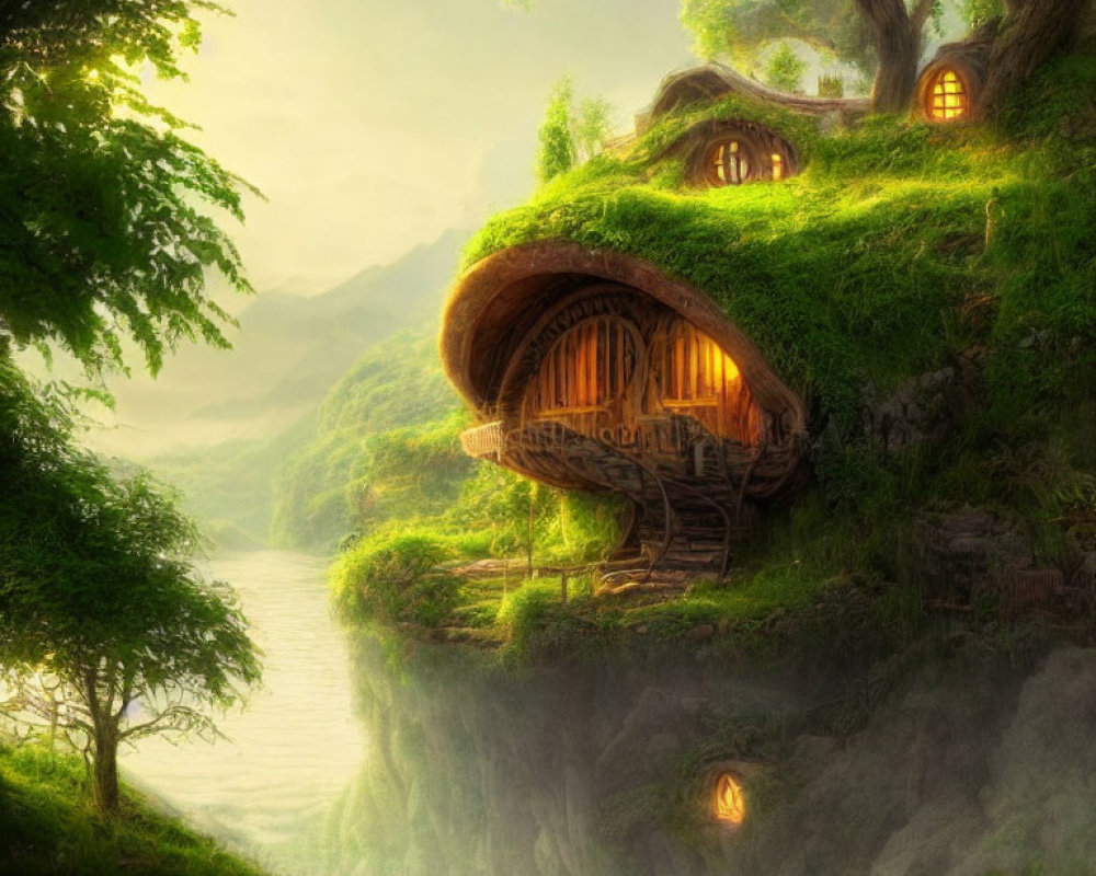 Serene sunset forest landscape with whimsical hobbit-style houses by the river