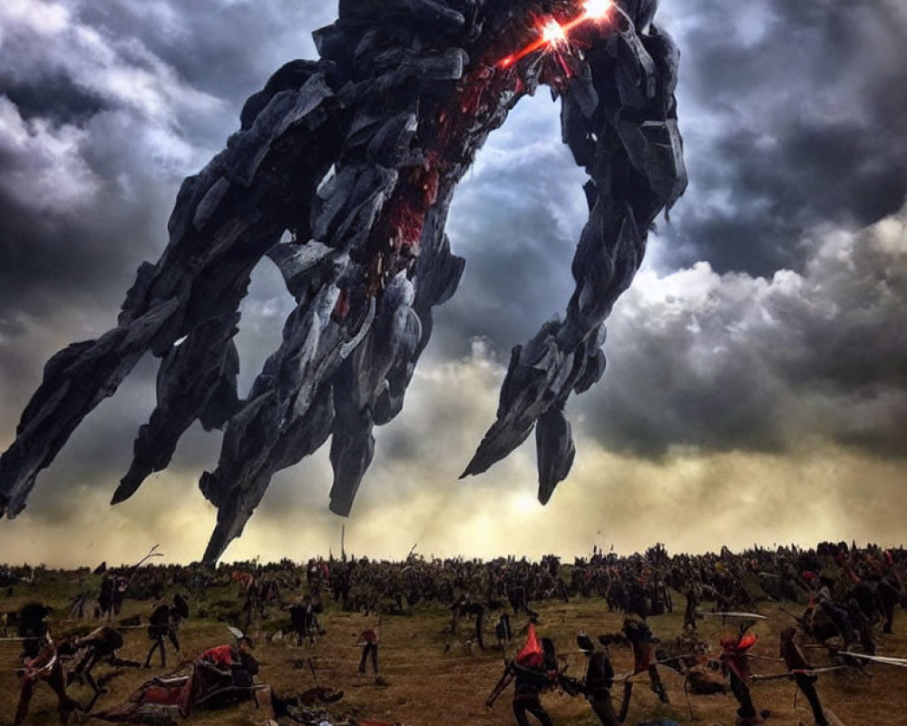 Gigantic stone creature on battlefield amid chaos and red energy