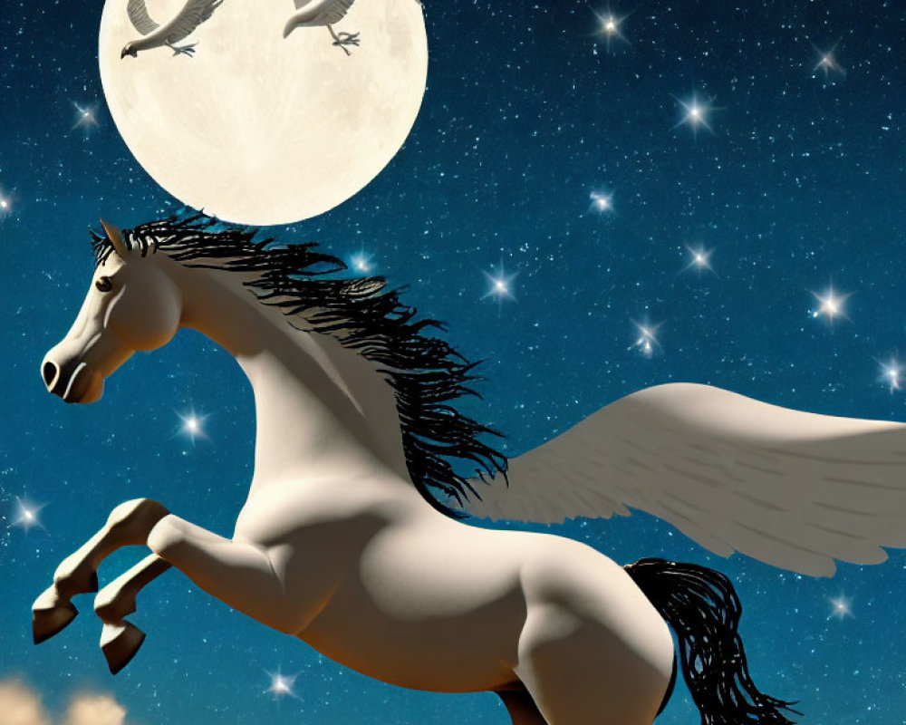 Winged horse (Pegasus) galloping under full moon