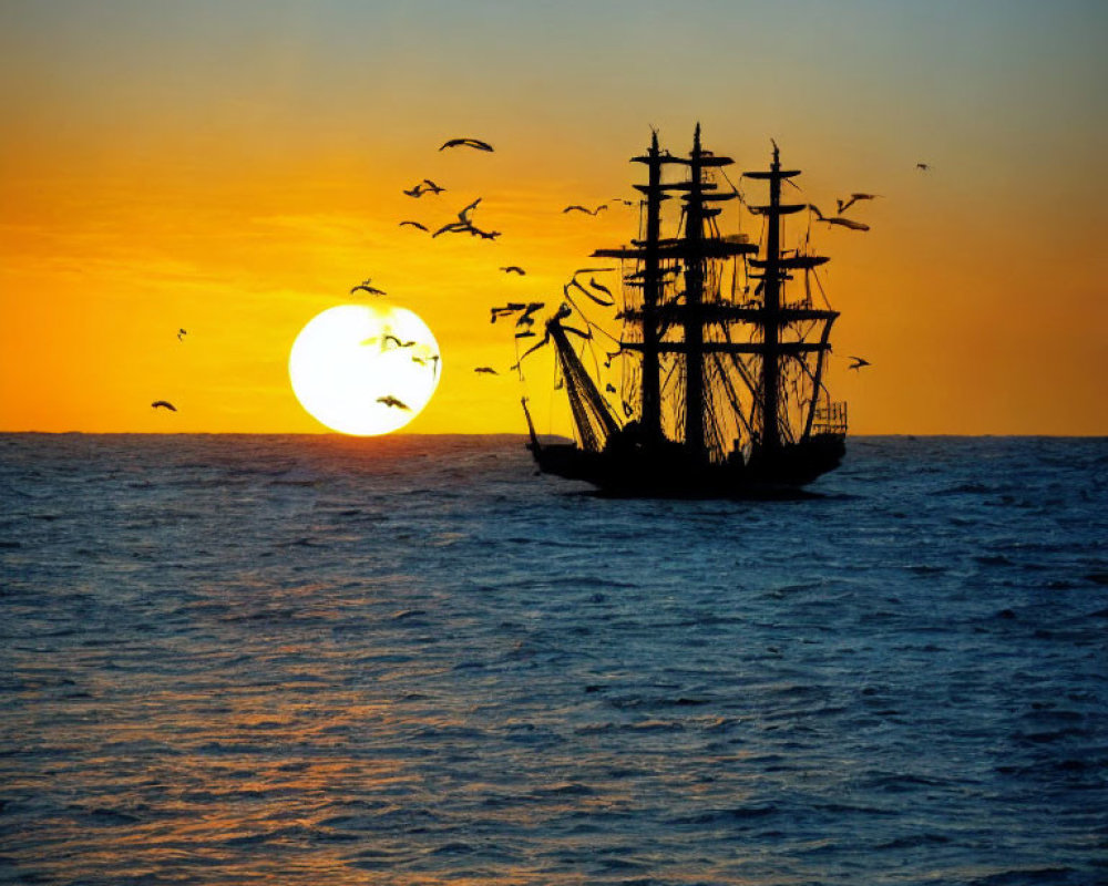 Sailing tall ship at sunset with silhouetted birds.