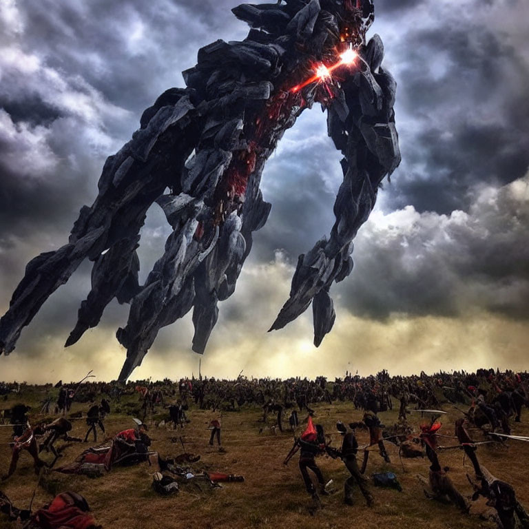 Gigantic stone creature on battlefield amid chaos and red energy