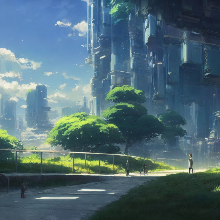 Futuristic cityscape with towering structures and lush green trees