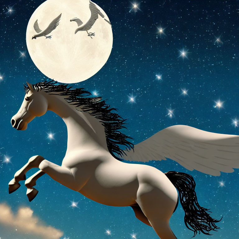 Winged horse (Pegasus) galloping under full moon