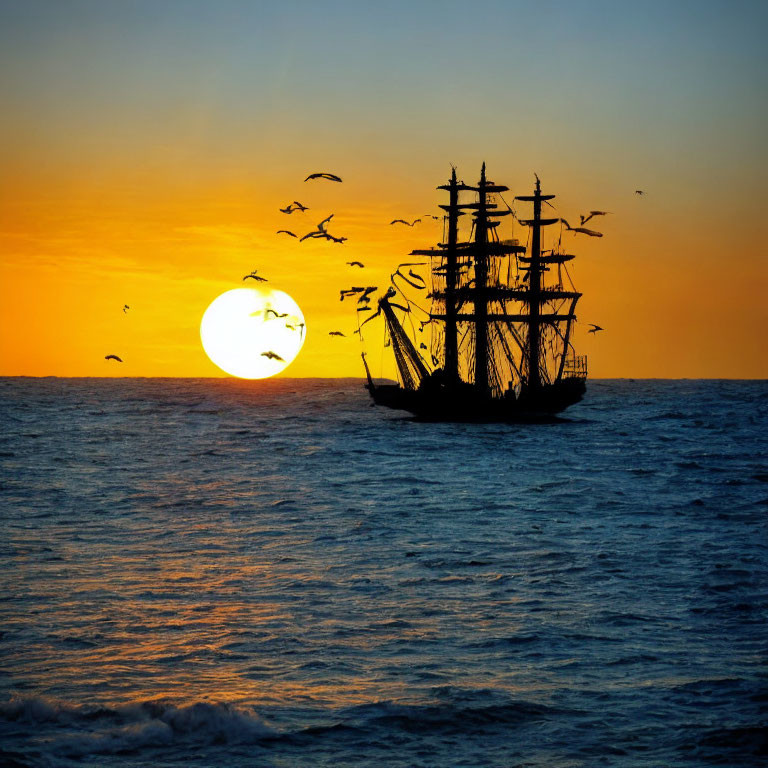 Sailing tall ship at sunset with silhouetted birds.