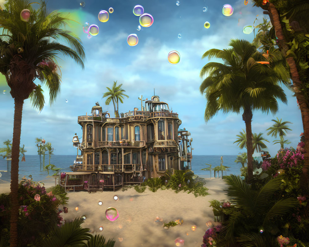 Victorian-style house in whimsical beach scene with colorful soap bubbles