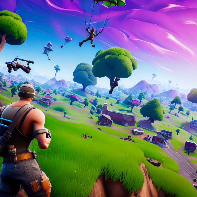 Vibrant video game scene: Characters parachuting with one observing from hill