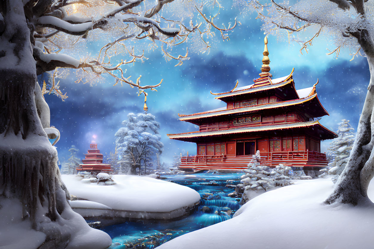 Snow-covered landscape with red pagoda, flowing stream, falling snowflakes, and snow-covered trees