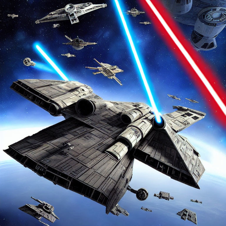 Dynamic Space Battle Scene with Blue and Red Laser Beams