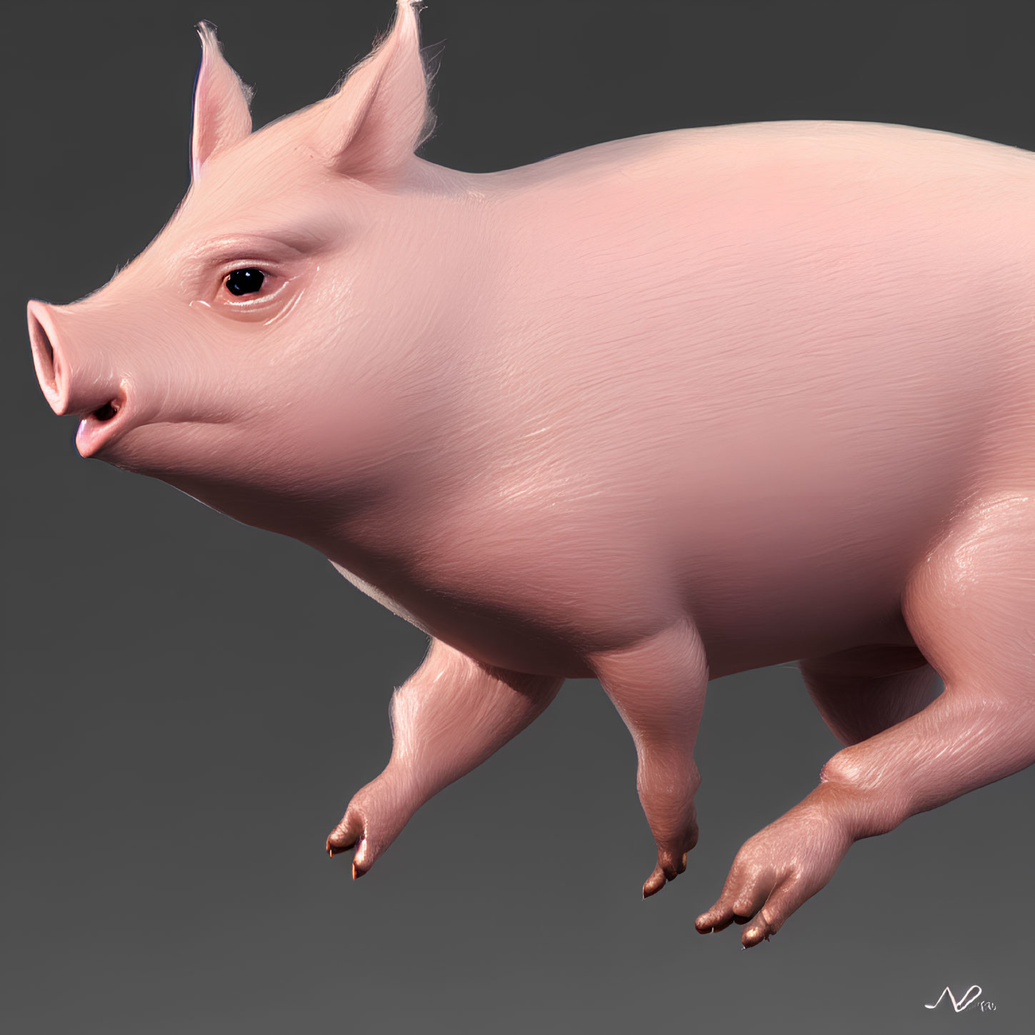 Detailed 3D pink pig illustration with realistic texture and focus on snout and trotters