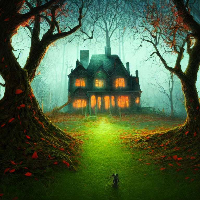 Eerie illuminated house in misty forest with gnarled trees