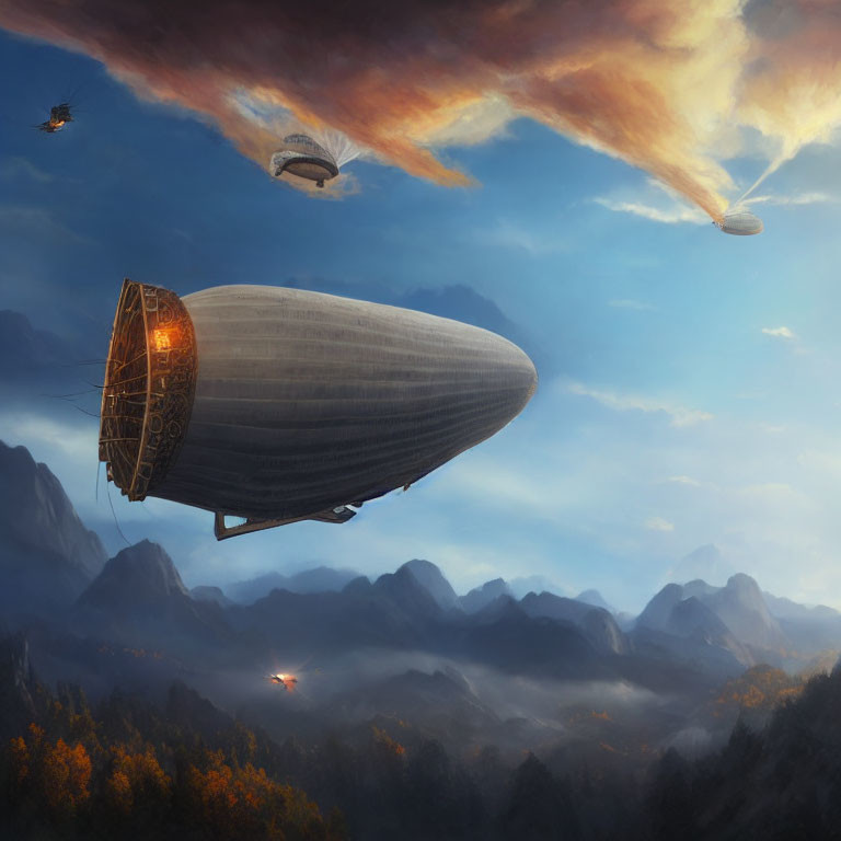 Fantasy scene: Airships over misty mountains at sunset