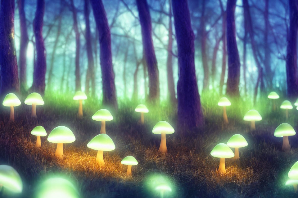 Magical Twilight Forest Glade with Glowing Mushrooms