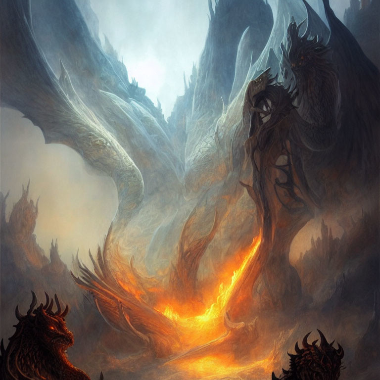 Dragons around glowing crevice in misty landscape with rocky formations