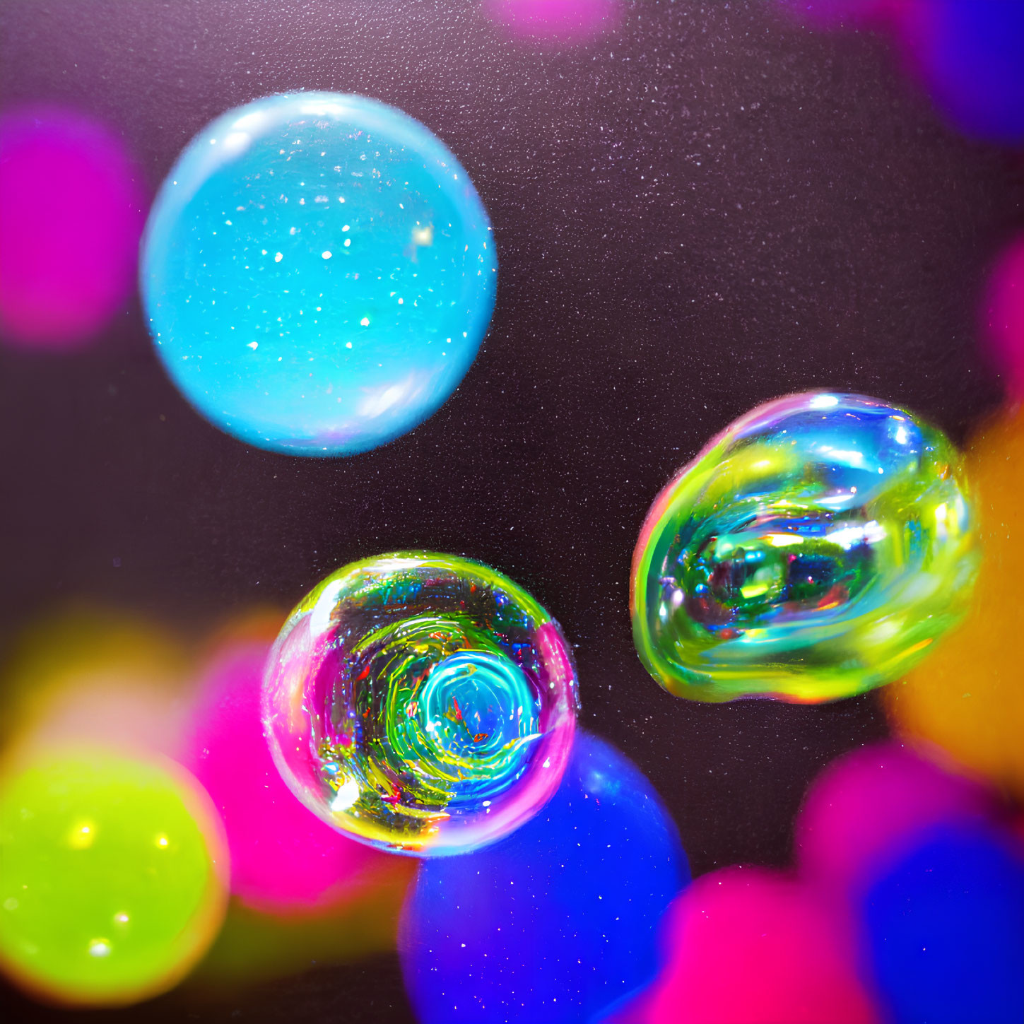 Colorful iridescent bubbles on dark glittery background