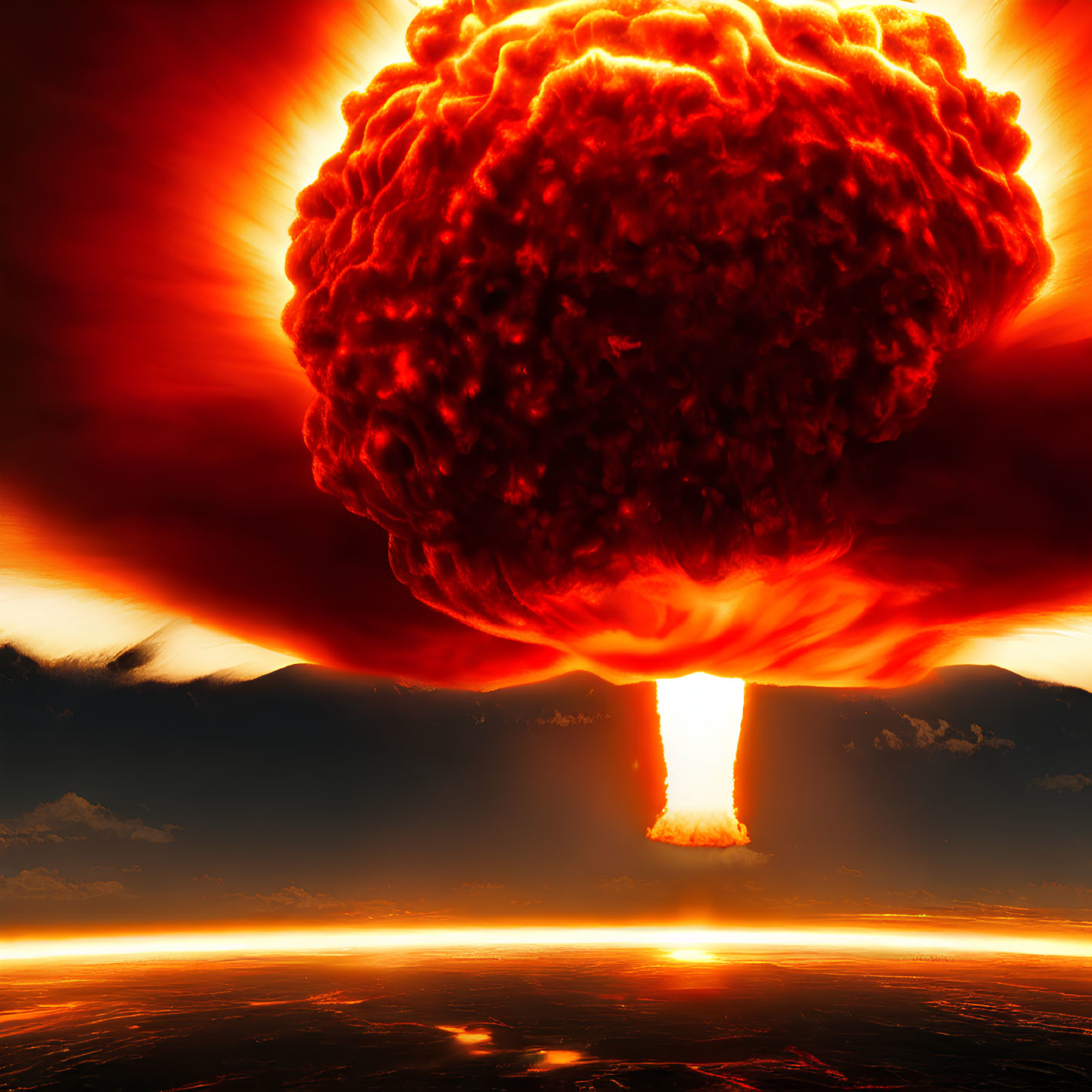 Fiery mushroom cloud dominates red landscape