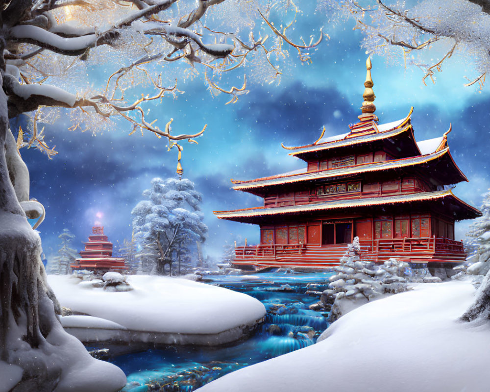 Snow-covered landscape with red pagoda, flowing stream, falling snowflakes, and snow-covered trees