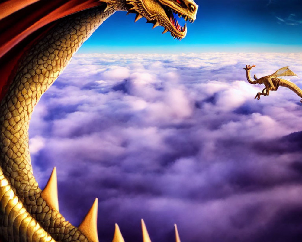 Majestic golden-scaled dragons flying over purple-tinged clouds