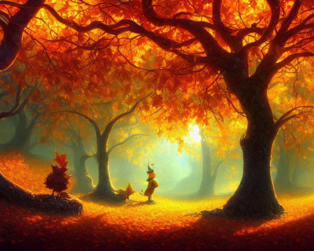 Enchanted autumn forest with golden leaves and cartoon fox