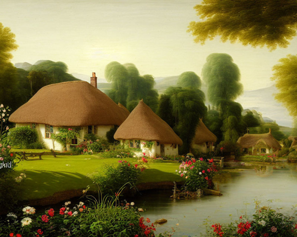 Rural scene: Thatched-roof cottages near river with lush greenery