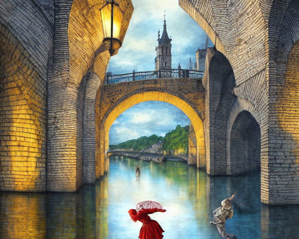 Artwork of woman with red umbrella and skeleton dancing on water under stone bridge.