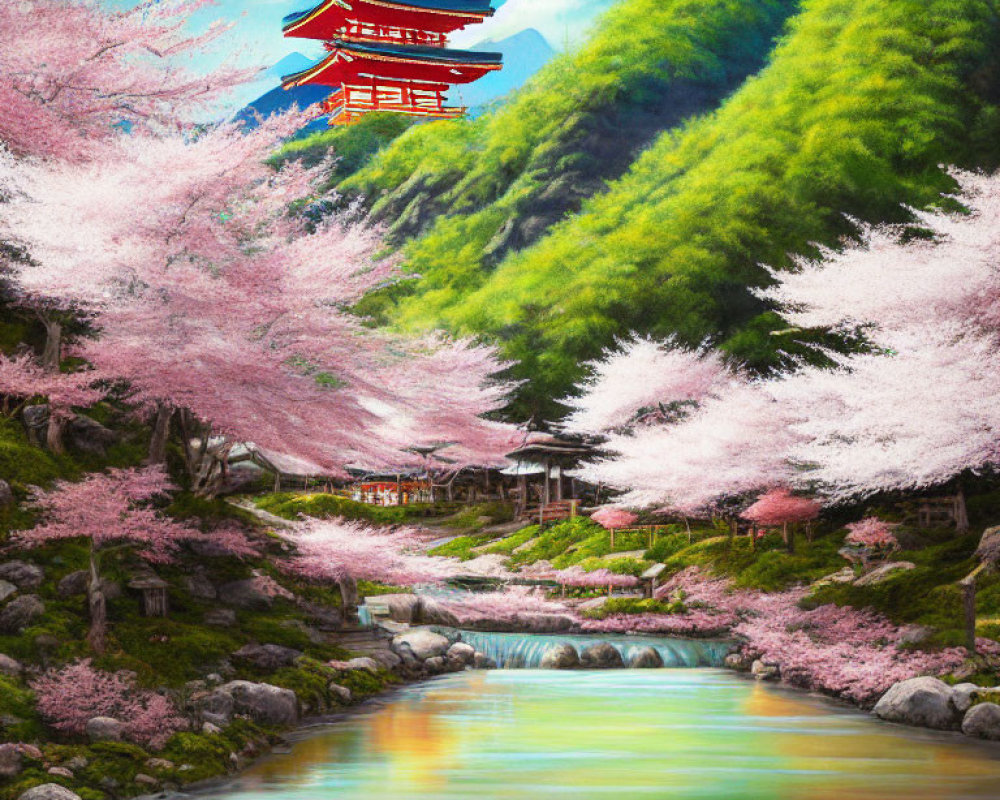 Scenic Cherry Blossoms, River, Torii Gate, Green Hills Landscape