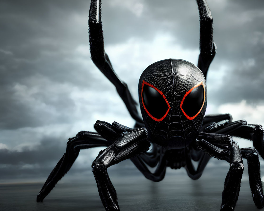 Stylized black spider with red eye markings on gloomy sky backdrop