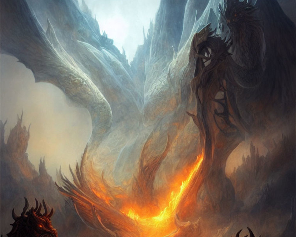 Dragons around glowing crevice in misty landscape with rocky formations