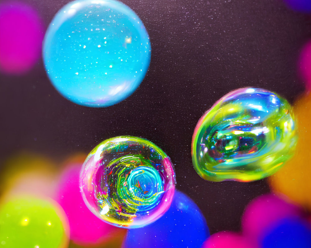 Colorful iridescent bubbles on dark glittery background