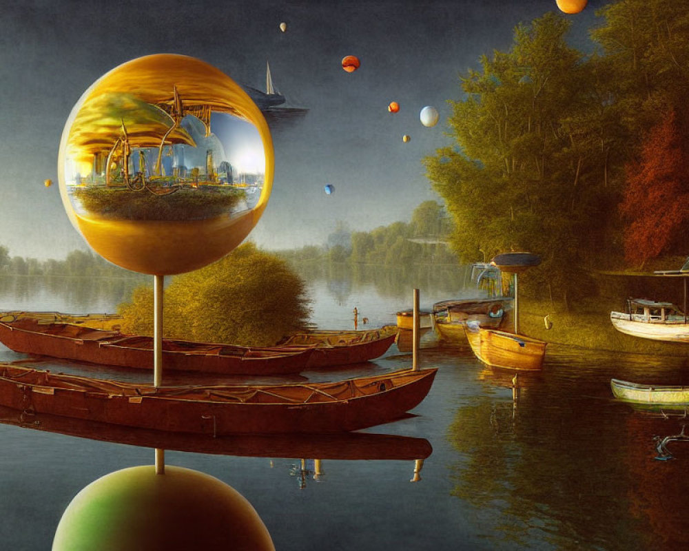 Surreal landscape with boats, city sphere, and floating spheres under dusky sky