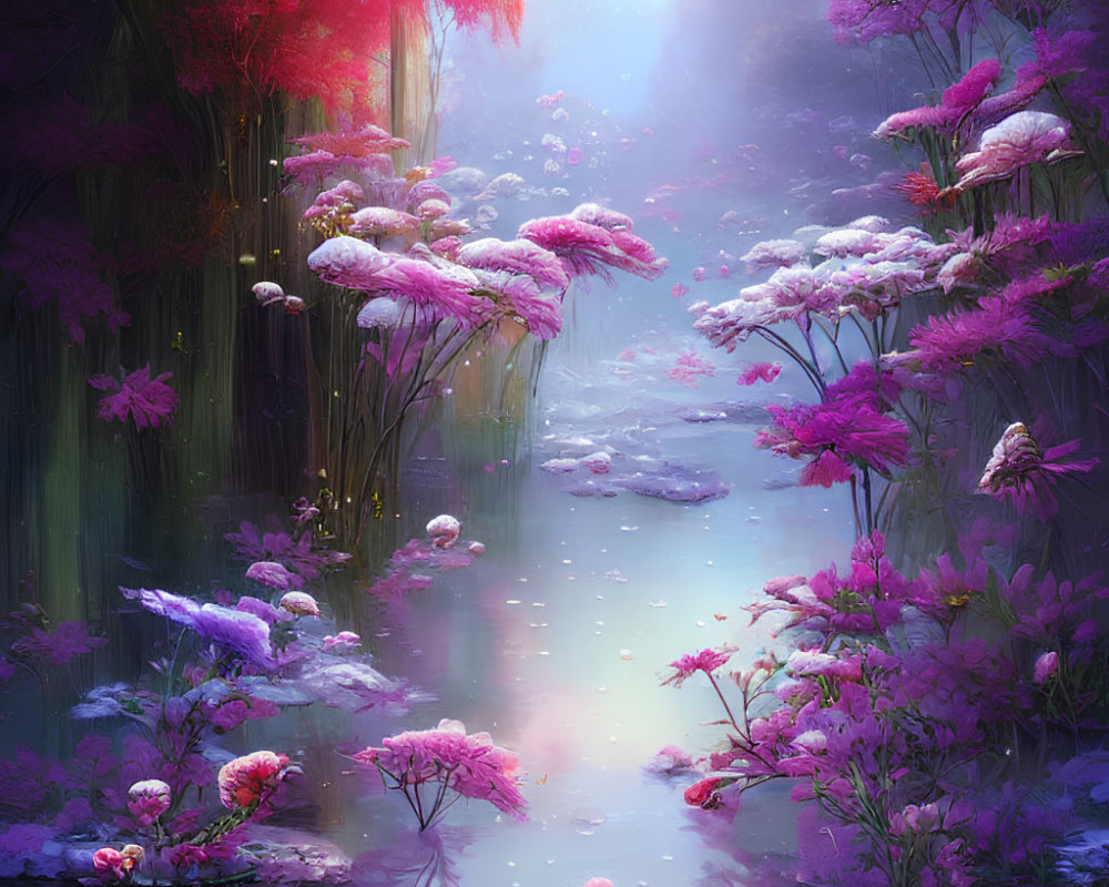 Vibrant pink and purple flora in mystical forest with serene stream.