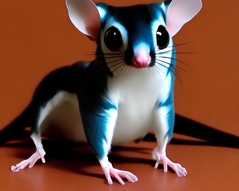 Digital blend of mouse and sugar glider with big eyes and blue fur on orange backdrop