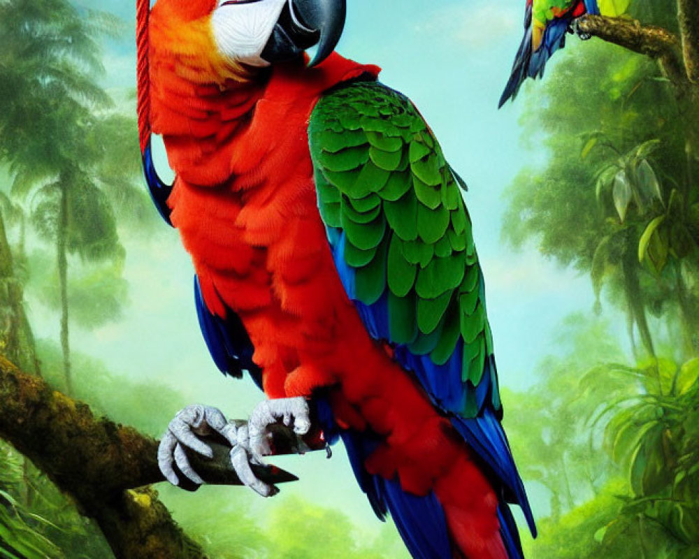 Colorful Macaws Perched in Lush Jungle