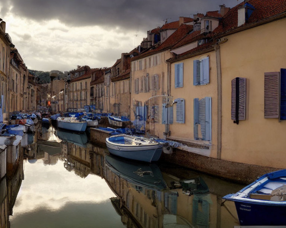 European Town: Row Houses, Canal, Moored Boats, Cloudy Sky