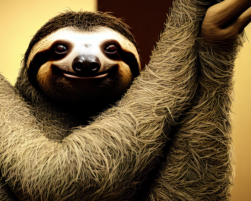 Smiling sloth hanging from a branch with fur textures on yellow background