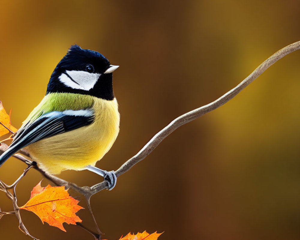 Colorful Great Tit bird on branch with orange leaves in soft-focus autumnal setting